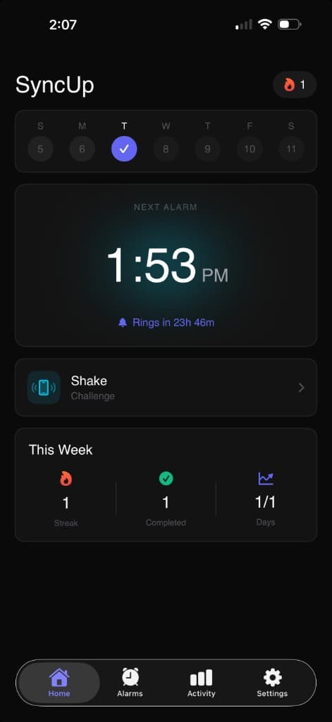 SyncUp app on iPhone: next alarm, day selector, Shake challenge, weekly streak stats, and tab bar